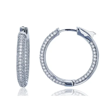 women chic drop earrings -Sterling Silver Cubic Zirconia 3X25MM Safety Clasp In & Out Hoop Earrings