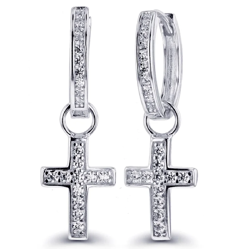 women stud earrings -Luxe Layers Rhodium Plated Sterling Silver Round Cubic Zirconia 9X30MM Cross Hoop Drop & Dangle Earrings