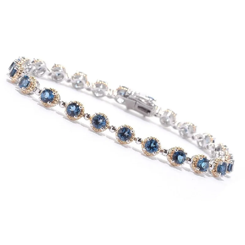 women luxury bangles -Two-tone Sterling Silver 7.5" Round London Blue Topaz Line Bracelet