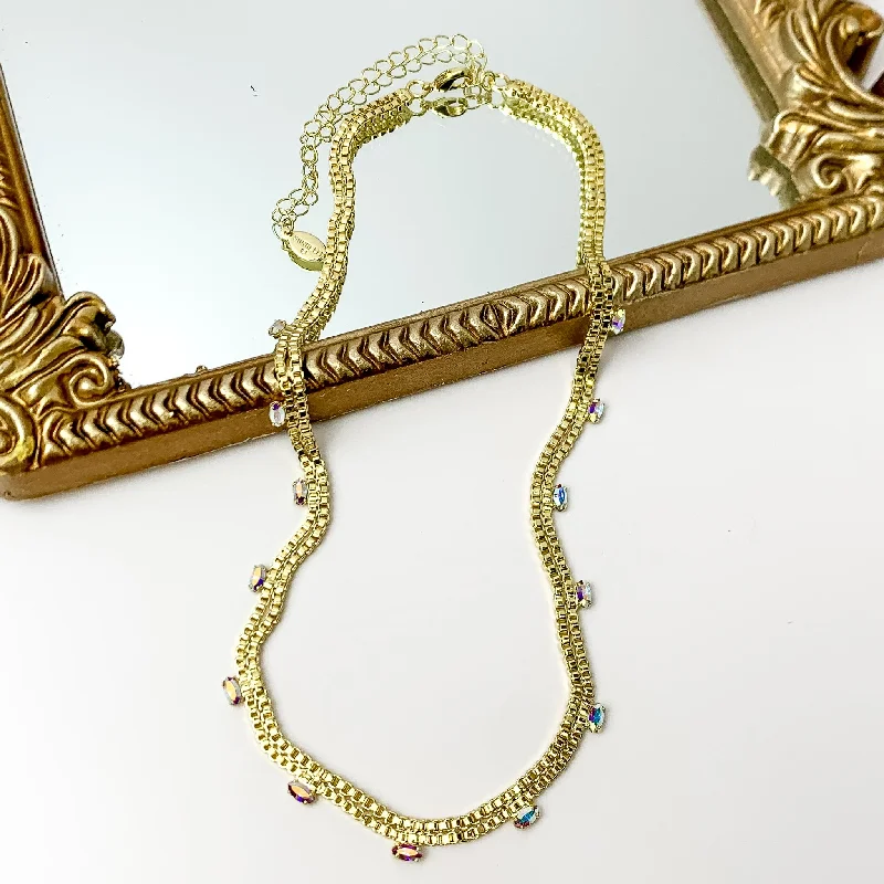 women vintage necklaces -Sorrelli | Cleo Box Chain and Crystal Tennis Necklace in Bright Gold Tone and Aurora Borealis