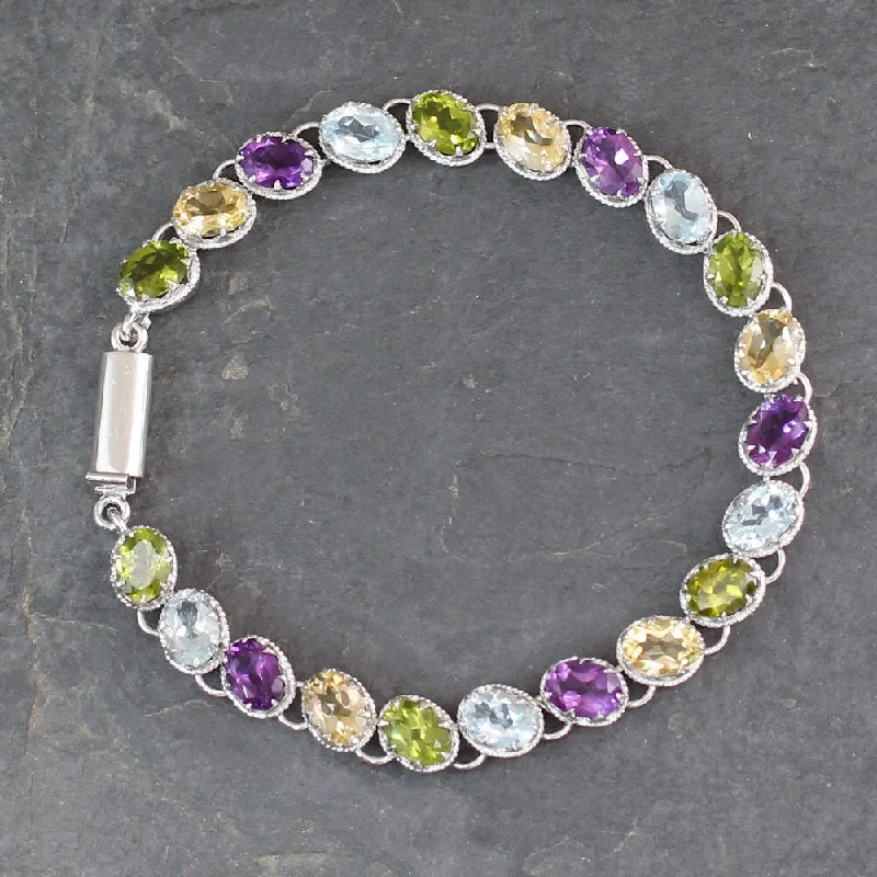 women classic bangles -Handmade Sterling Silver 'Cascading Colors' Multi-gemstone Bracelet (India)