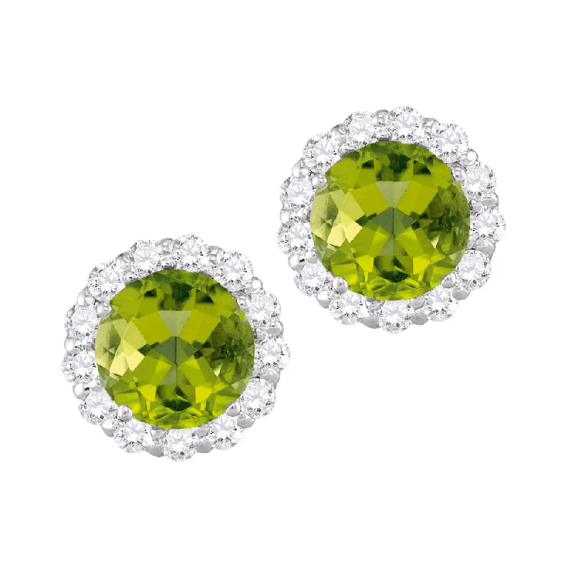 women minimalistic earrings -6MM Round Peridot and White Sapphire Birthstone Halo Stud Earrings in 10KT White Gold