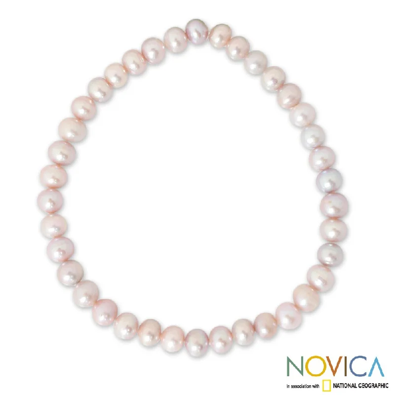 women beaded bracelets -Handmade Pearl 'Pink Thai Rosebud' Large Stretch Bracelet (6-6.5 mm) (Thailand)