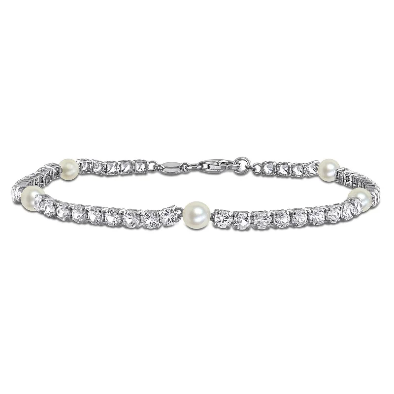 women pearl bangles -Miadora 4-4.5mm Cultured Freshwater Pearl 5 3/8ct Created White Sapphire Bracelet Sterling Silver