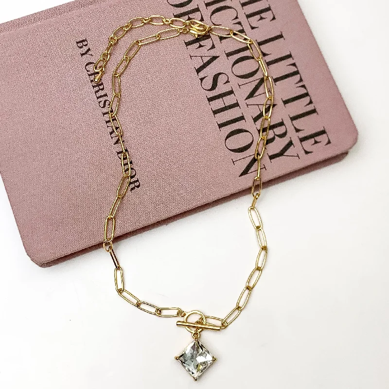 women birthstone necklaces -Gold Tone Chain Necklace with Clear Square Crystal Charm and Front Toggle