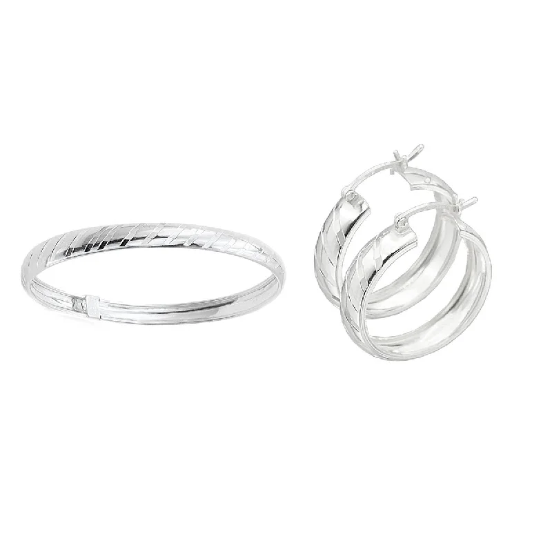 women glamorous earrings -Sterling Silver Flex Bangle and 6X25MM Hoop Earrings Set