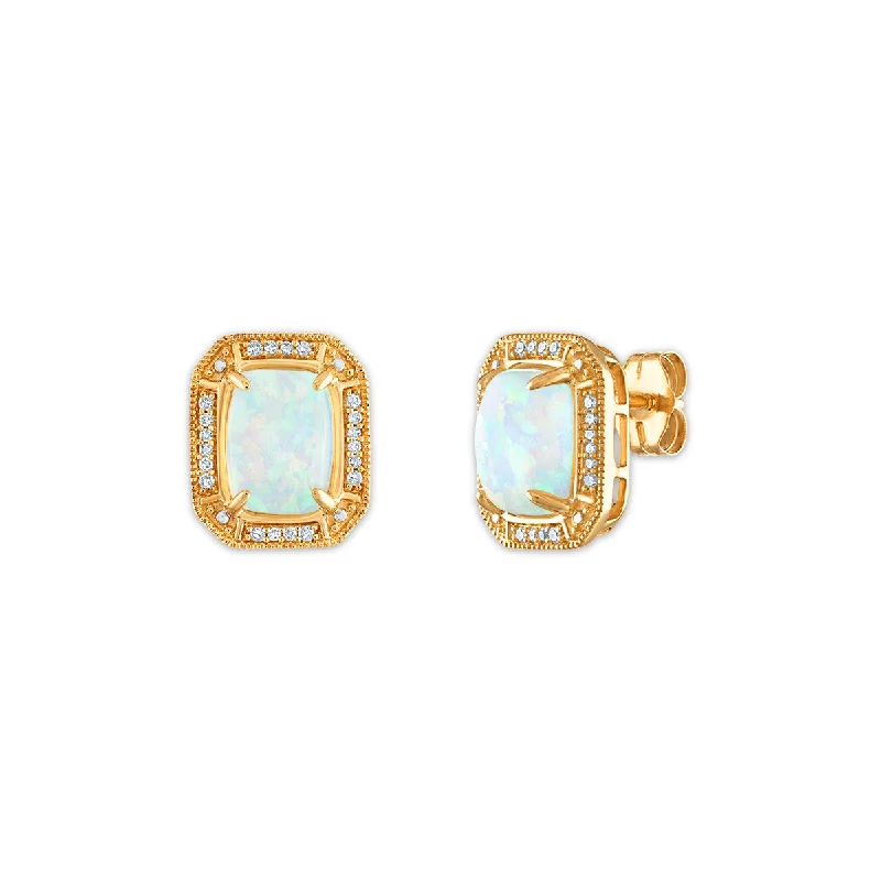 women stylish earrings -LoveSong 8X6MM Cushion Opal and Diamond Halo Earrings in 10KT Yellow Gold