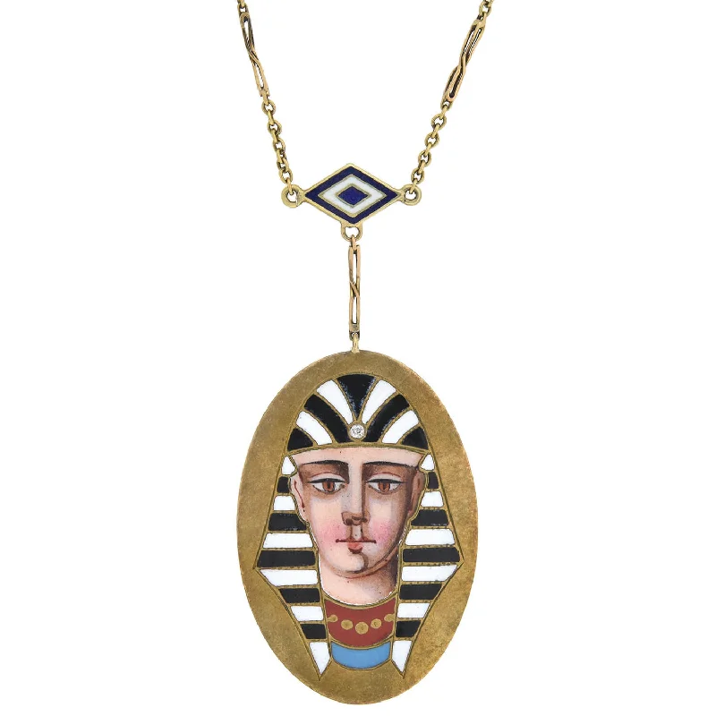 women pendant necklaces -Victorian Egyptian Revival 14kt Enameled Pharaoh Pendant Necklace 18"