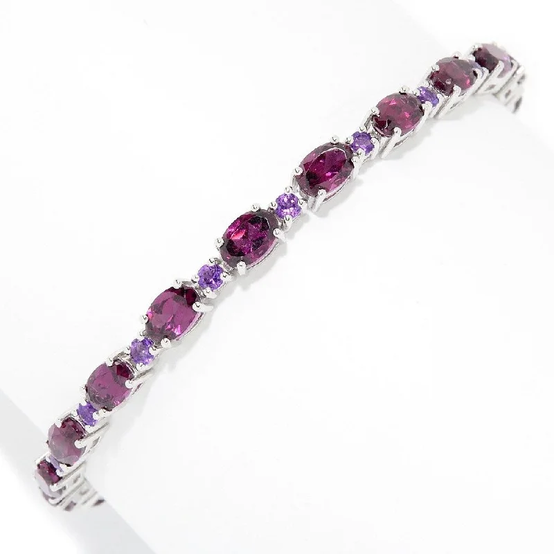 women chain bracelets -Sterling Silver 7.25" Oval & Round Rhodolite and Amethyst Line Bracelet