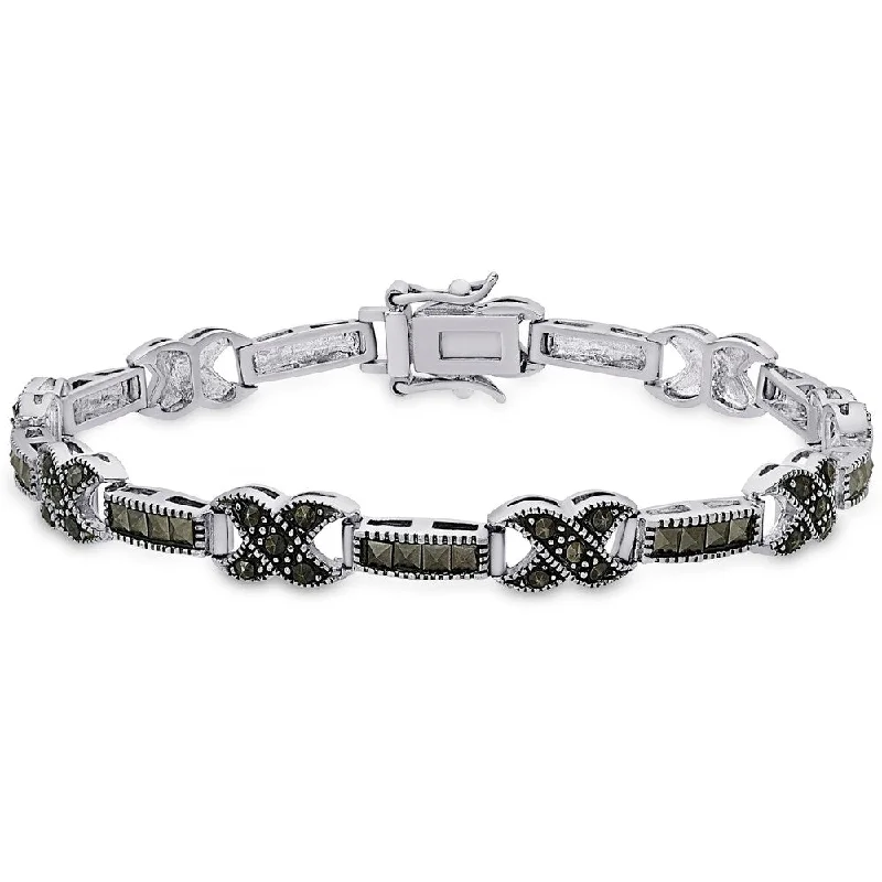 women elastic bracelets -Dolce Giavonna Sterling Silver Marcasite 'X' and Bar Bracelet