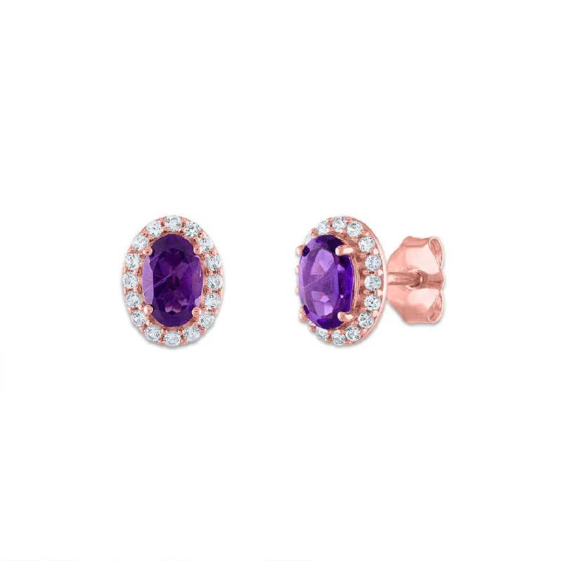 women chandelier earrings -6X4MM Oval Amethyst and Sapphire Birthstone Halo Stud Earrings in 10KT Rose Gold