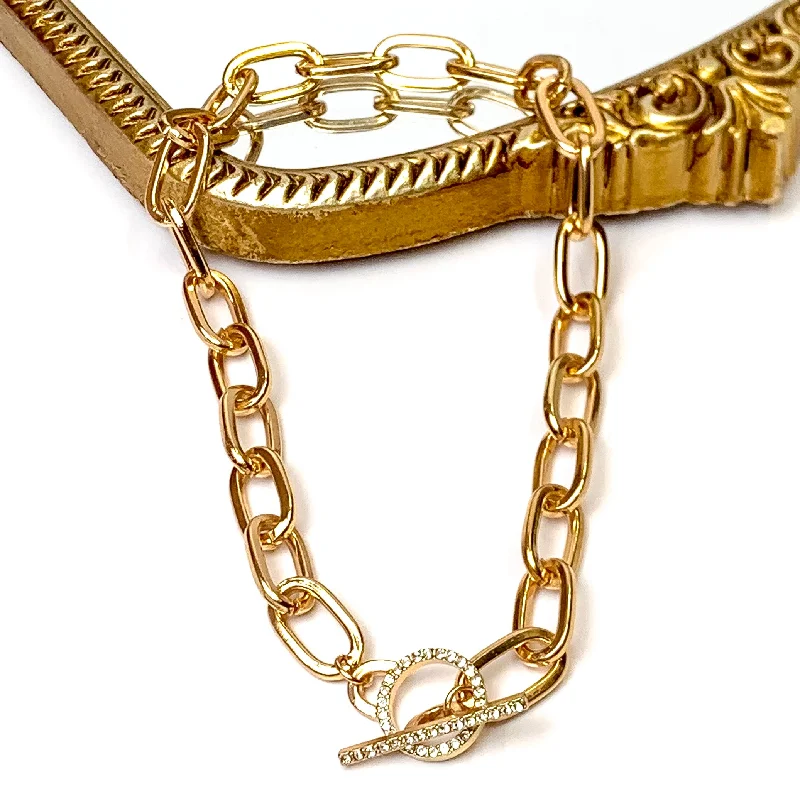 women trendy pendant necklaces -Gold Tone Front Toggle Chain Necklace with Crystal Accents