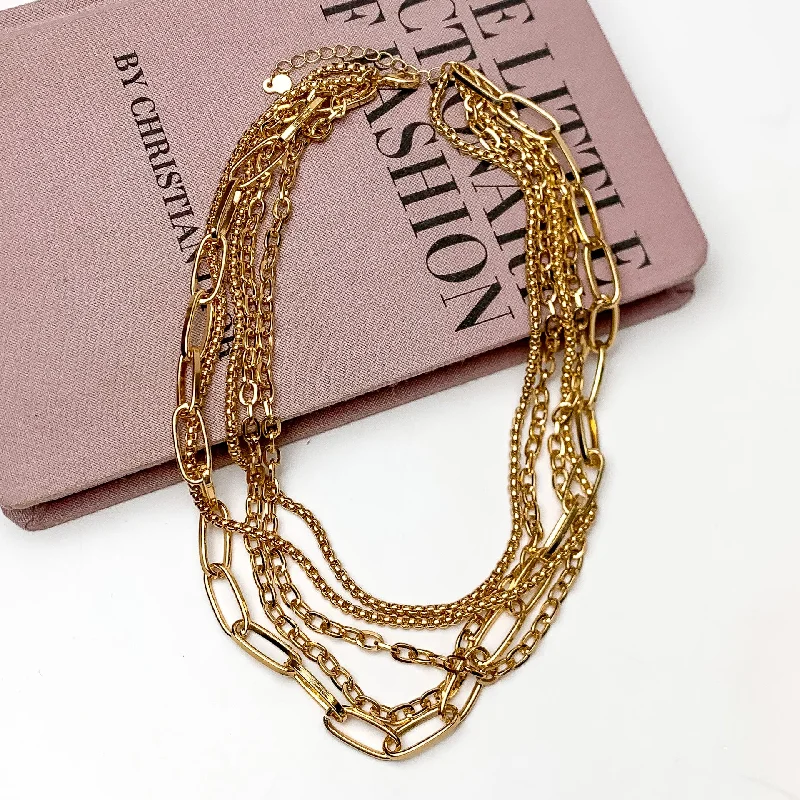 women beautiful necklaces -Five Strand Multi Chain Necklace in Gold Tone