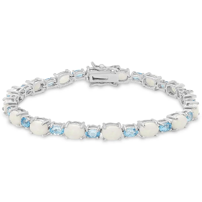 women handmade bracelets -Dolce Giavonna Sterling Silver Opal and Blue Topaz Oval Link Bracelet