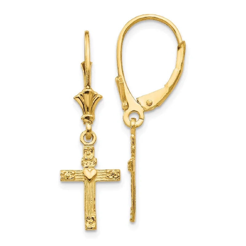 women dangle earrings -14KT Yellow Gold 31X9MM Cross Heart Leverback Earrings