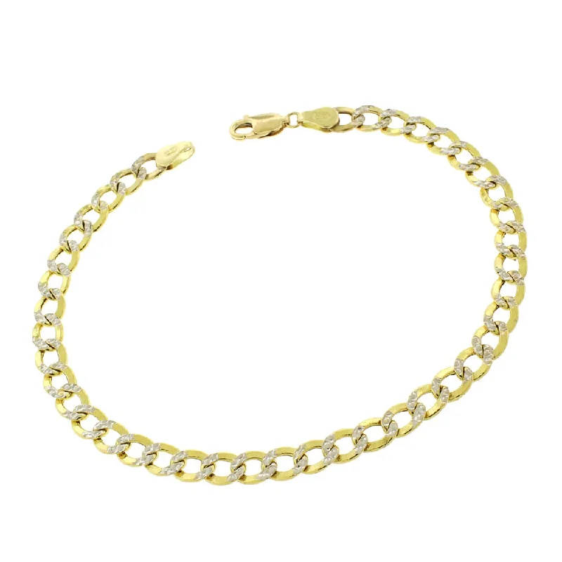 women stacked bracelets -14k Yellow Gold 5mm Hollow Cuban Curb Link Diamond Cut Two-Tone Pave Bracelet Chain 8"