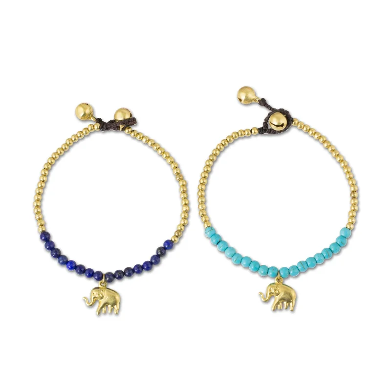 women elastic bracelets -Set of 2 Brass 'Stylish Elephants' Lapis Calcite Bracelets